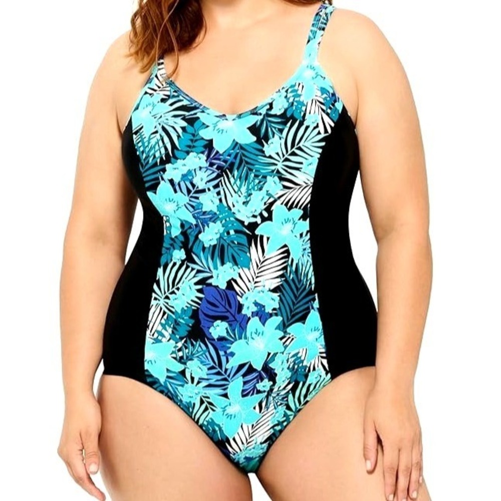 Christina Blue V-Neck Plus Swimsuit Womens 22WD Floral Colorblock NWT